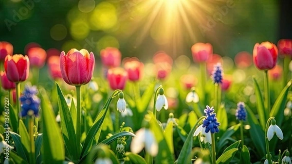 Fototapeta Colorful flowers bloom in a vibrant garden under the warm sunlight during springtime creating a picturesque landscape. Generative AI