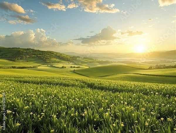 Fototapeta Lush green fields under the warm rays of the sun, , empty space, sunlight, background only
