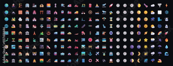 Obraz Set of yellow emoji Travel & Places in vector graphic format on a black background.