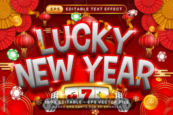 Fototapeta lucky newyear 3d text effect and editable text effect with lanterns and Chinese ornaments