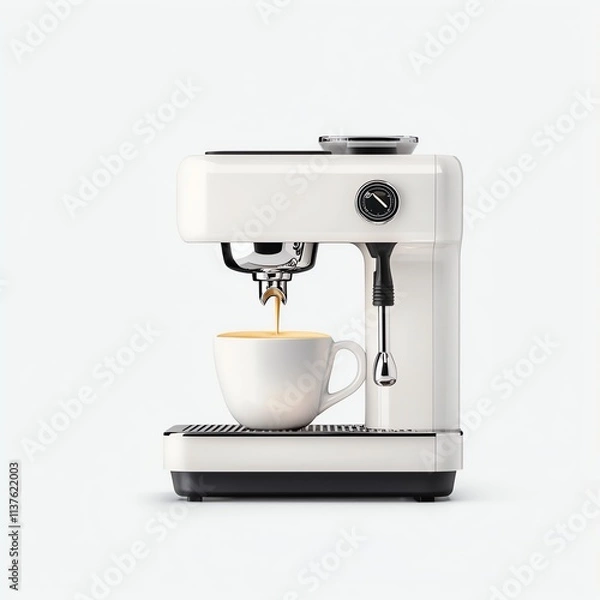 Fototapeta A sleek white espresso machine brewing coffee into a stylish cup, showcasing modern design and functionality.