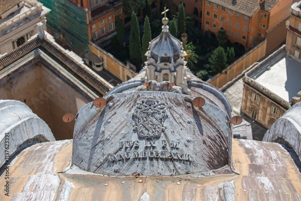 Obraz Aerial view from top of Saint Peter's Basilica of dome with metal element with Papal coat of arms, Vatican, Rome, Italy