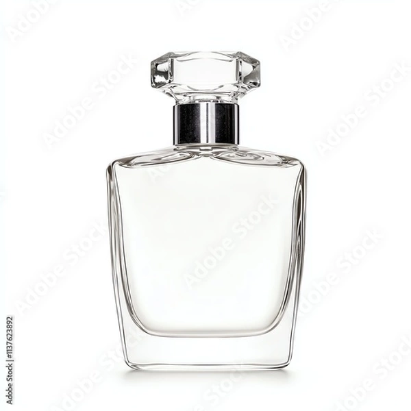 Fototapeta A sleek, elegant glass perfume bottle with a faceted cap, showcasing a minimalist design that emphasizes its clear contents.