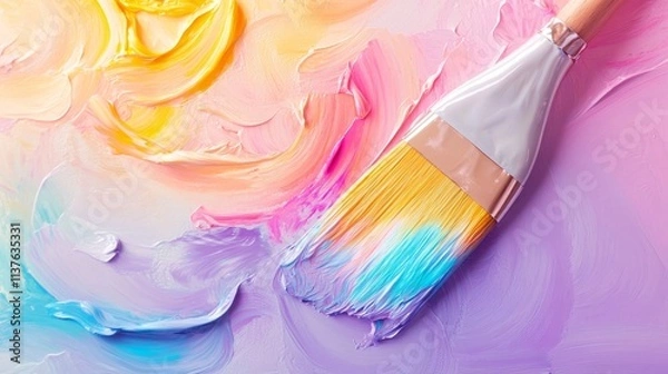 Fototapeta A paintbrush with a rainbow of colors on it is on a canvas