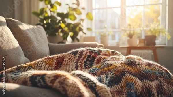 Fototapeta A colorful blanket is draped over a couch
