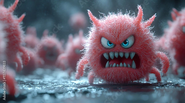 Obraz cartoon-style bacteria with aggressive expressions, representing a threatening viral infection or disease in a bold.