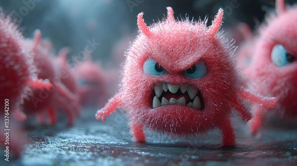 Obraz cartoon-style bacteria with aggressive expressions, representing a threatening viral infection or disease in a bold.