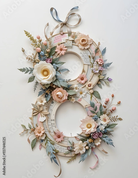 Obraz Two wicker wreaths decorated with colorful dried flowers and twigs forming the number eight, celebrating international women's day on a clean white background with transparent copy space.
