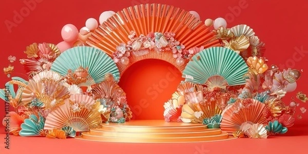 Fototapeta  background for the Spring Festival featuring a vibrant red backdrop, with a circular stage at the center that provides space for product display. Flanked by decorative Chinese fans, this design showc