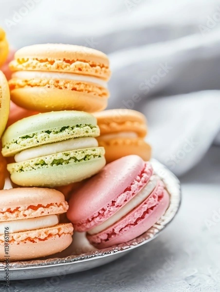 Fototapeta A vibrant assortment of colorful macarons stacked elegantly on a silver plate, showcasing delightful pastel hues and delicate textures.