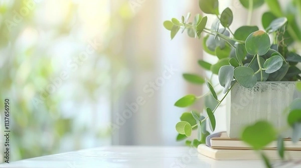 Fototapeta Healthy green plant on white table with small notebook and pen, symbolizing health advice and wellness tips, clean and focused image with copy space for text.