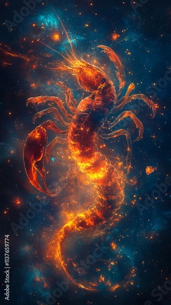 Fototapeta A striking scorpion zodiac symbol emerges in a vibrant, abstract background with spiritual flames, blending mysticism and fire energy. Perfect for astrology designs.