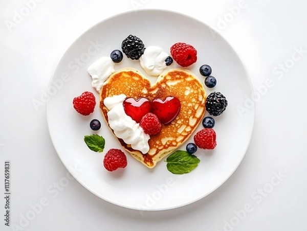 Fototapeta A heart-shaped pancake topped with strawberries, cream, and surrounded by fresh berries on a white plate.