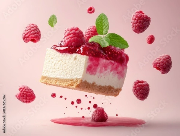 Fototapeta A floating cheesecake topped with raspberry sauce and fresh raspberries on a pink background.