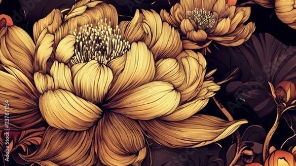 Fototapeta Stunning Golden Peony Artwork with Detailed Floral Illustrations on Dark Background