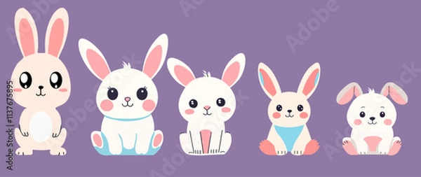 Obraz Adorable and stylish vector set featuring chic and cool cartoon elements, including a collection of cute rabbit characters. Perfect for designs related to kids, fun themes, and playful illustrations.