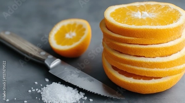 Obraz A vibrant stack of fresh orange slices next to a stainless steel knife on a textured table, exuding freshness and culinary inspiration.