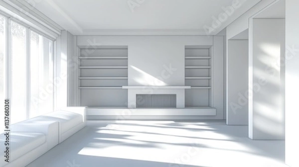 Fototapeta Sunlit minimalist living room with fireplace and built-in shelves.