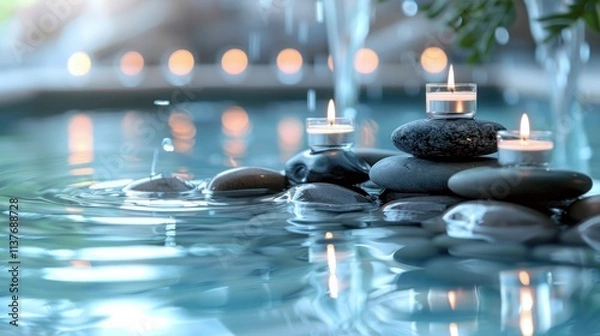 Fototapeta Serene Spa Setting: Candles and Stones in Tranquil Water