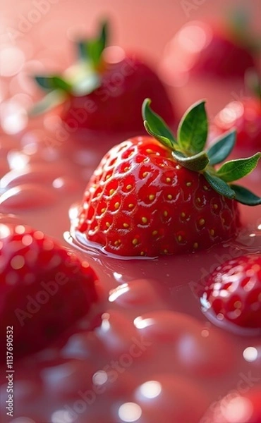 Obraz A fresh strawberry floating in a pool of pink liquid, creating a vibrant and visually appealing scene.