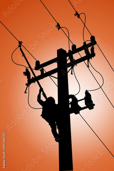 Fototapeta Silhouette of power lineman closing a capacitor for optimize system on energized high-voltage electric power lines.	
