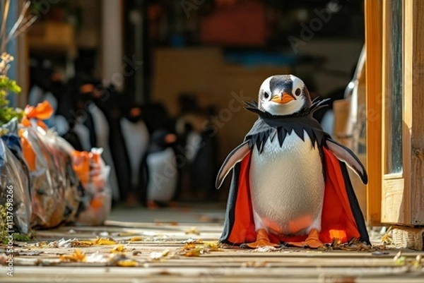 Fototapeta An adorable trio of penguins seems to dance on a drifting iceberg with a soft-focus ocean background evoking a sense of freedom. Beautiful simple AI generated image