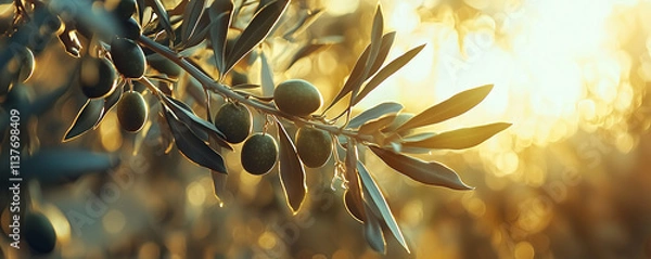 Obraz Closeup of olive fruit on tree branch. Olive garden and sunlight background design. Mediterranean old olive trees growing