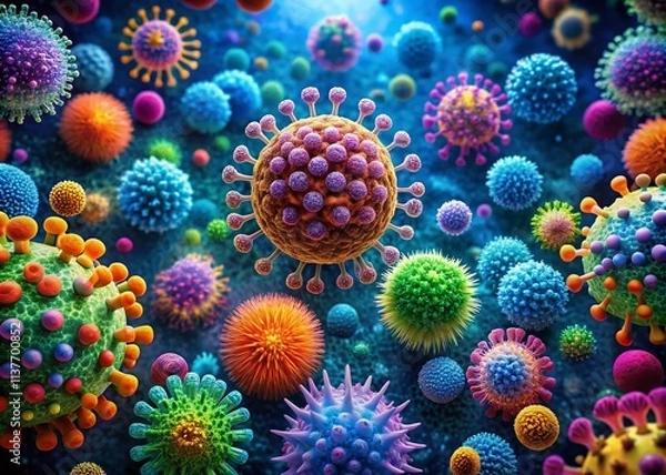 Fototapeta Surreal Microscopic Viral Epidemic: Infectious Pathogens Replicating in Cells