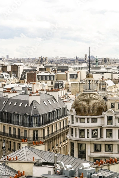 Fototapeta Panoramic view of Paris. Roofs of houses around the Galeries Lafayette.