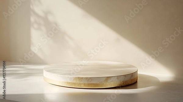 Fototapeta A podium with bold geometric layers, centered in a studio under soft warm light, gradient background transitioning from white to cream tones, modern and minimalist sophistication, hd quality,