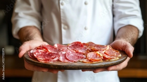 Fototapeta Artisan Butcher Displaying Cured Meats on Rustic Table - Vibrant Colors & Textures
