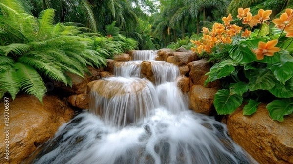 Fototapeta The vibrant tropical waterfall cascades down a series of rocky ledges, enveloped by a lush jungle of emerald ferns, towering palm trees, and vibrant orchids