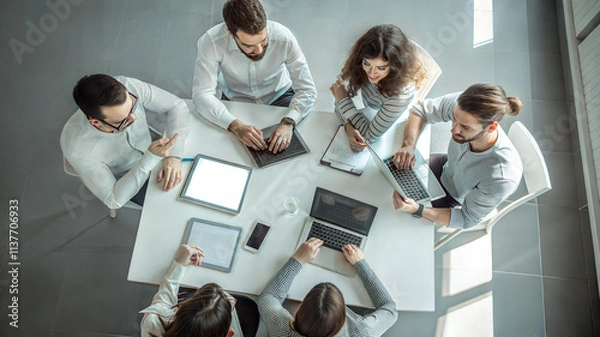 Fototapeta overhead shoot business panel office meeting collaborating large round table board room
