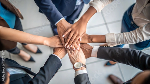 Fototapeta over head view of business workplace solidity standing putting hands together compassion working colleagues diverse office