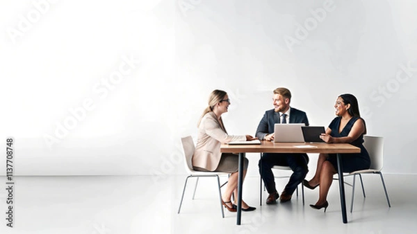 Fototapeta Business people discussing meeting room clean white background mock up blank space diverse workplace