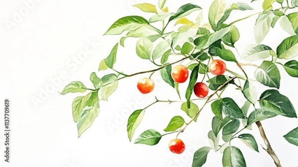 Fototapeta Watercolor Painting of a Cherry Branch: A Close-Up of Ripe Red Cherries and Lush Green Leaves