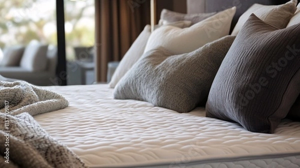 Fototapeta Cozy Bed with Soft Pillows and Neat Blanket in Modern Bedroom Setting