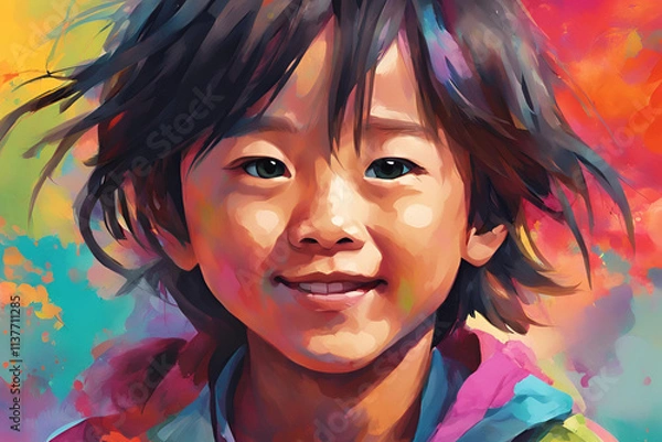 Fototapeta A colorful digital painting of a child with long hair, wearing a simple, cute outfit. The close-up portrait has a vibrant background with abstract color splashes.