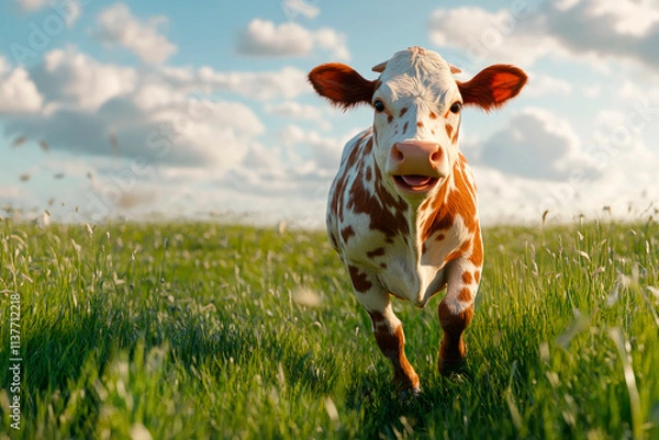 Fototapeta Happy cow running and jumping in a summer meadow.