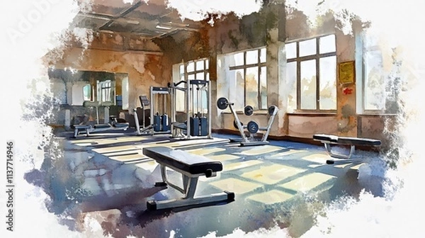 Obraz Watercolor Painting of a Serene and Sunlit Gym with Modern Equipment