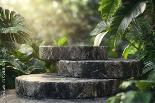 Fototapeta A natural stone podium with earthy textures and tropical greenery, softly illuminated by filtered sunlight for a serene, vibrant scene.