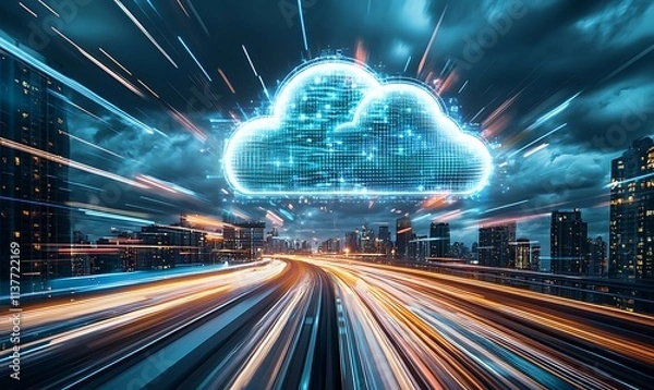 Fototapeta 
cloud computing with a speeding train on a city background


