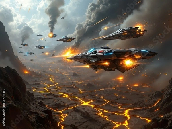 Obraz Epic Space Battle Over Volcanic Planet with Futuristic Warships