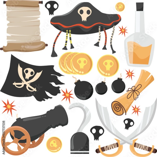 Fototapeta Hand drawn pirate theme vector elements pack