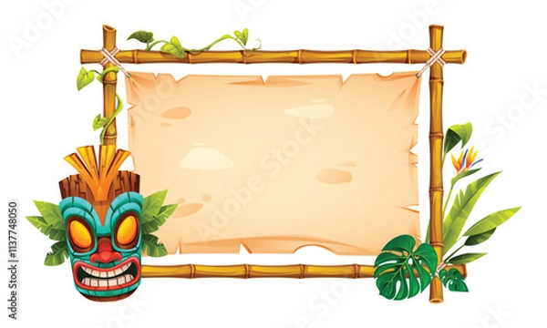 Fototapeta Tiki style bamboo frame with blank parchment, tribal mask, and tropical leaves. Vector cartoon illustration