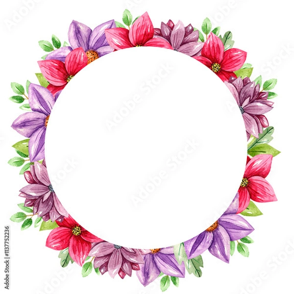 Obraz Watercolor seamless round frame of flowers