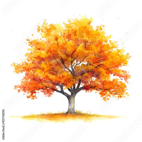 Obraz vibrant watercolor illustration of maple tree with bright orange leaves, showcasing beauty of autumn. tree stands alone against white background, evoking sense of tranquility and warmth