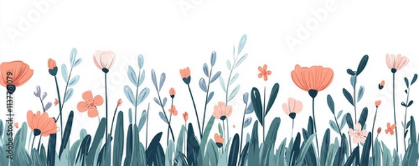 Fototapeta Spring flowers and grass. Green grass with cute spring flowers illustration isolated white background. Can use as web site header / Footer / banner