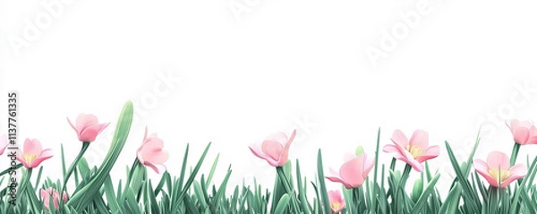 Obraz Spring flowers and grass. Green grass with cute spring flowers illustration isolated white background. Can use as web site header / Footer / banner