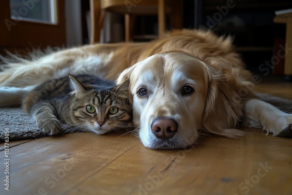 Fototapeta A close-up portrait of a golden dog and a kitten lying peacefully on the floor at home, showing their sweet bond and playful companionship.